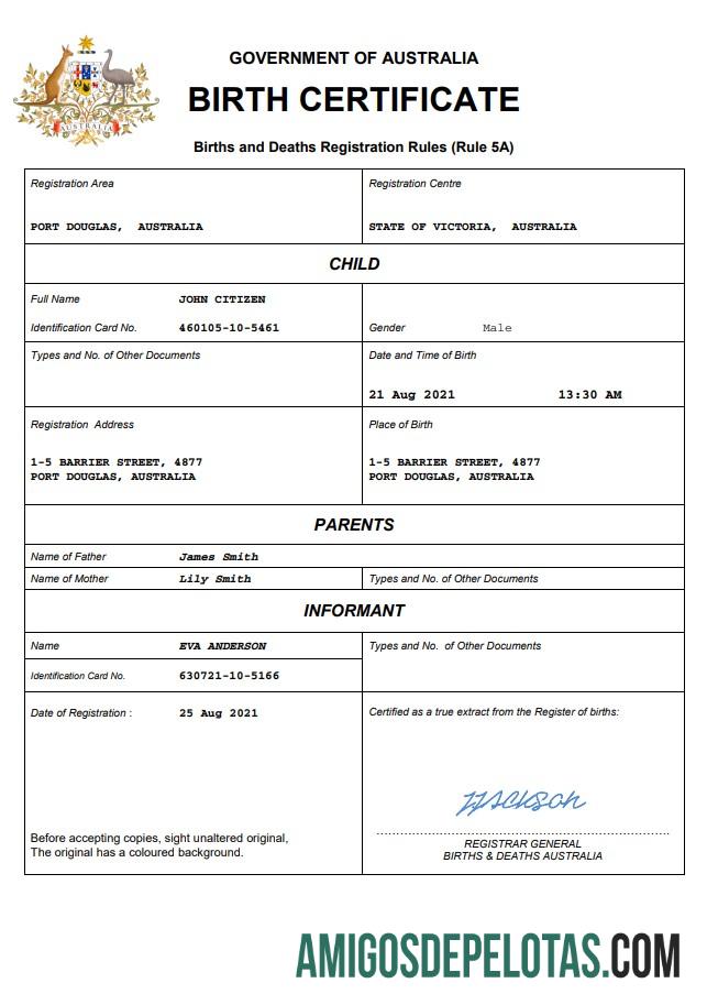 Imprimível modelo Word e PDF de certidão de nascimento de registro vital da Austrália